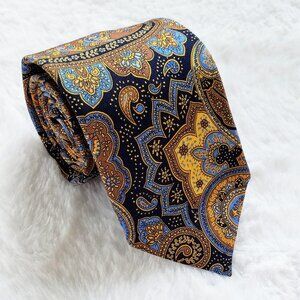 MAUS & HOFFMAN 100% Silk Men's Neck Tie Paisley Floral Blue Gold Navy Taupe
